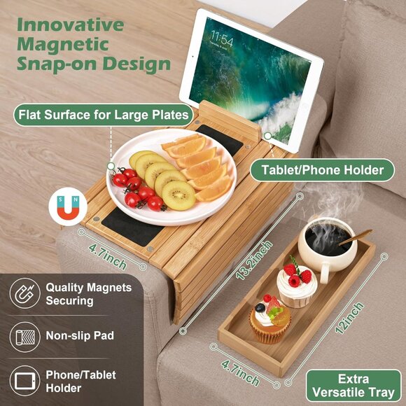 Joy&Grace Couch Arm Tray, 3-in-1 Magnetic Detachable Sofa Arm Table with Phone - Picture 2 of 8